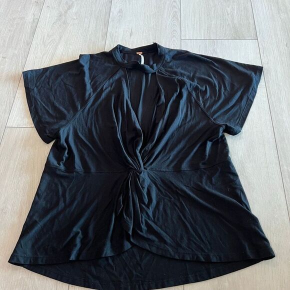 Free People Tops - Free People Short Sleeve Open V Neck Top Women's Black Ruffle Knot Waist size m